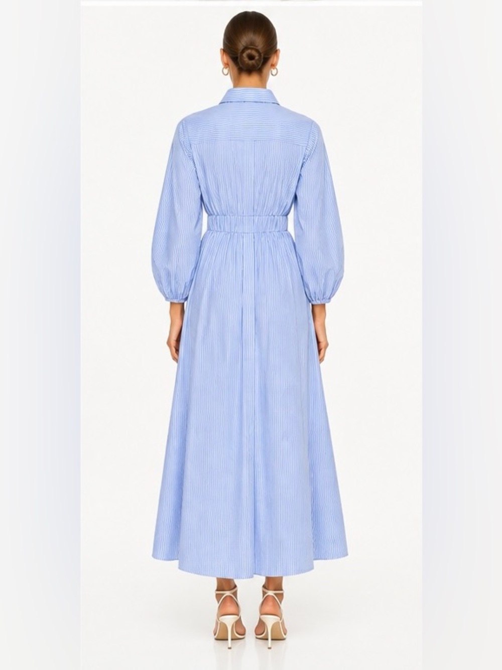 Blue White Striped Button Front Maxi Shirt Dress Elastic Waist - Picture 2 of 9